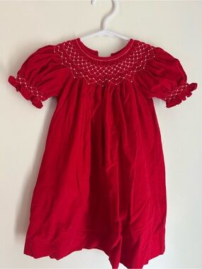Red Smocked Puff Sleeve Dress